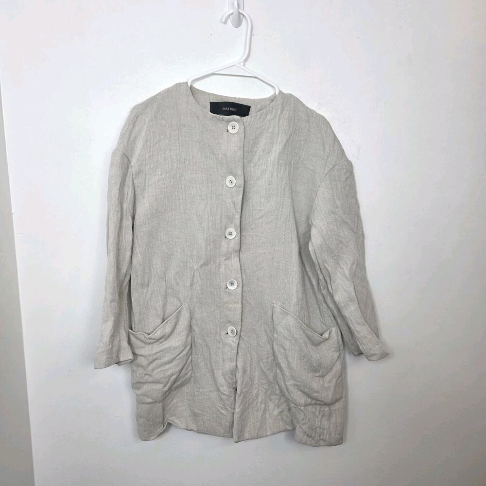 Zara Beige Linen Blend 3/4 Sleeve Button Up Neutral Coastal‎ Jacket Size XS